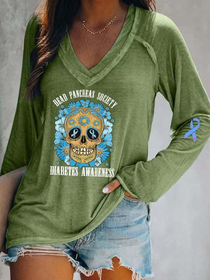 Women's Casual Diabetes Awareness Dead Pancreas Society Print Long Sleeve T-Shirt