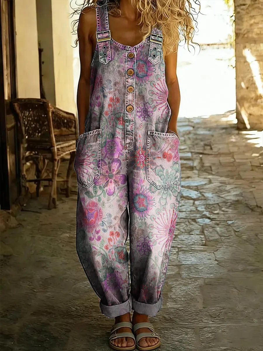 Women's Vintage Floral Art Print Sleeveless Washed Cotton Denim Jumpsuit