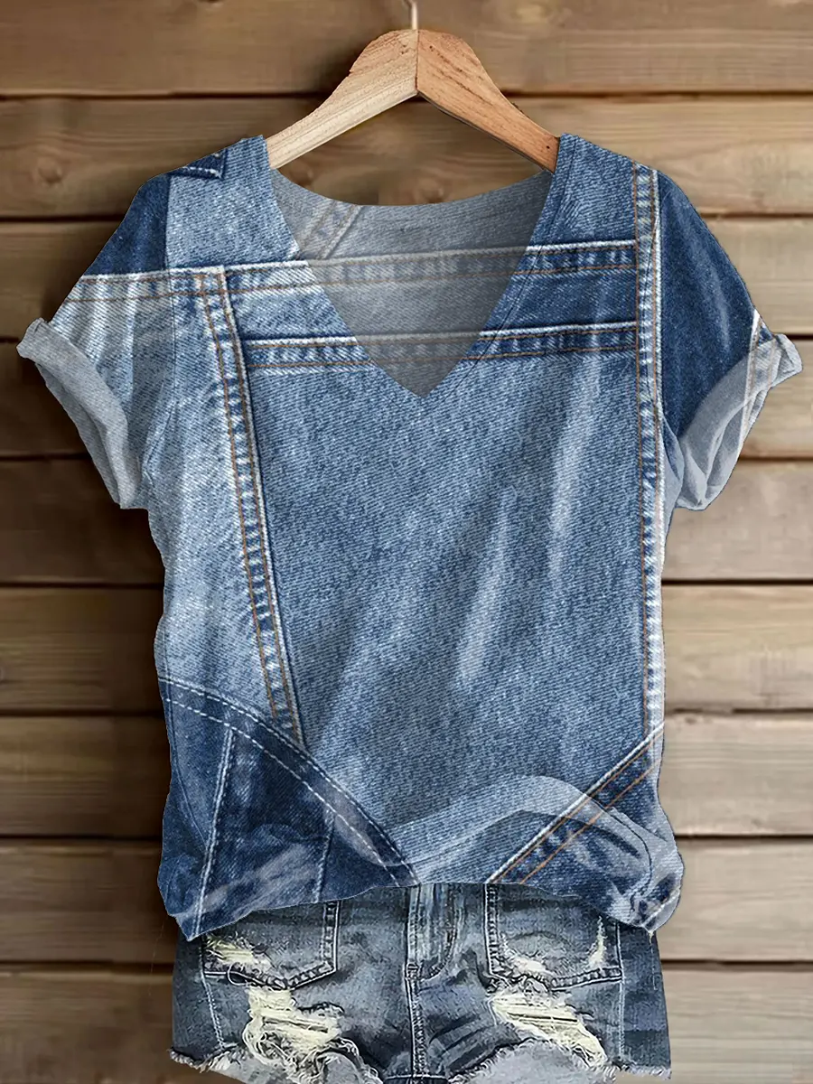 Women's Denim-colored Patchwork Pattern Art Print V-neck Short Sleeve