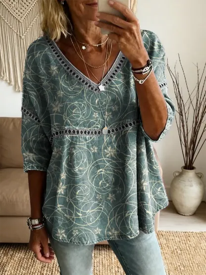 Ethnicity Lines Flowers Women's Vintage Art Print Casual V Neck Cutout Top