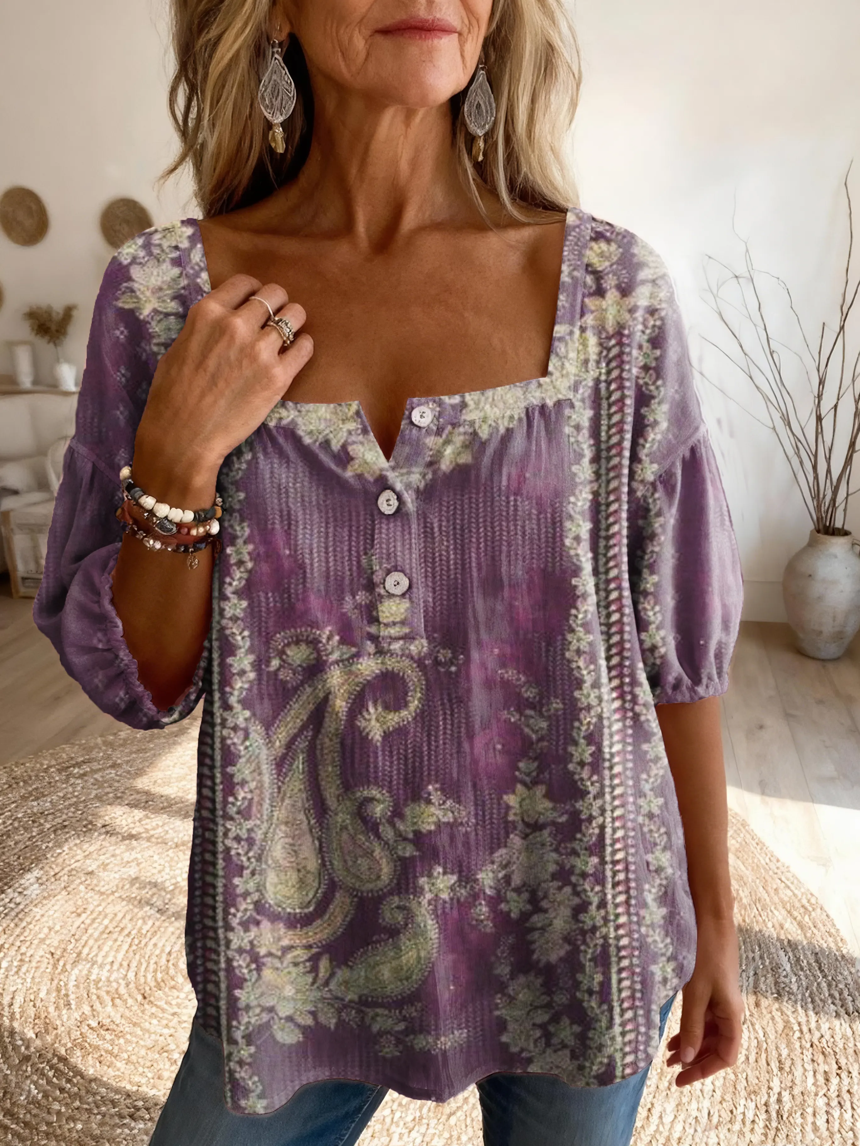 Women's Vintage Ethnic Floral Print Artistic Casual Square Neck Top