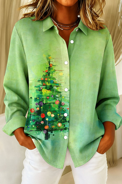 Women's Watercolor Art Christmas Pattern Print Casual Cotton Linen Shirt