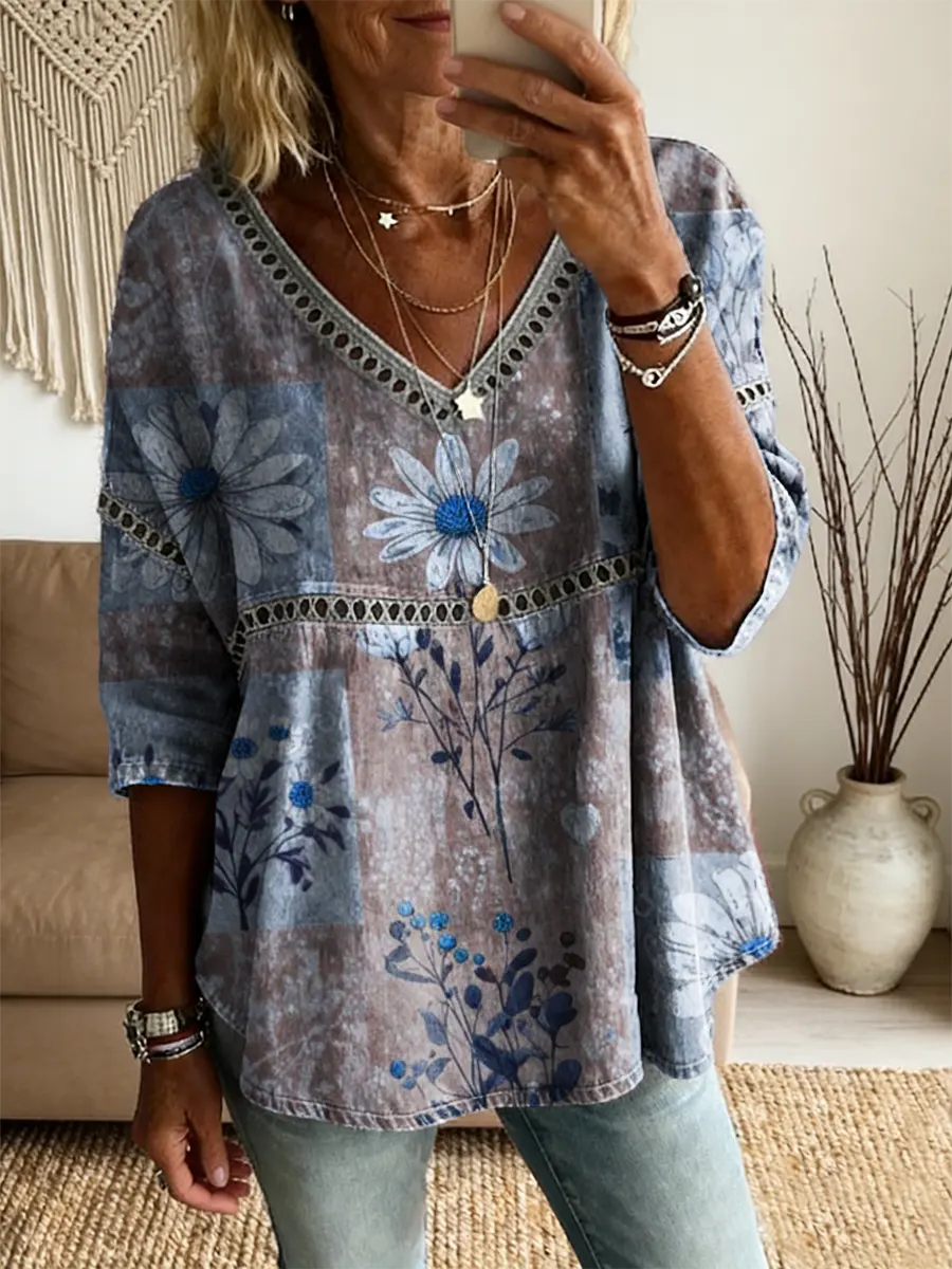Ethnicity Bohemian Style Flowers Women's Vintage Art Print Casual V Neck Cutout Top