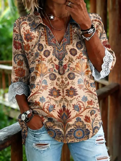 Women's Ethnic Floral Art Print V-Neck Denim Shirt with Lace Trim