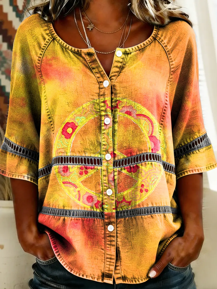 Women's Hippie Floral Art Print Round Neck 3/4 Sleeve Lace Cutout Shirt