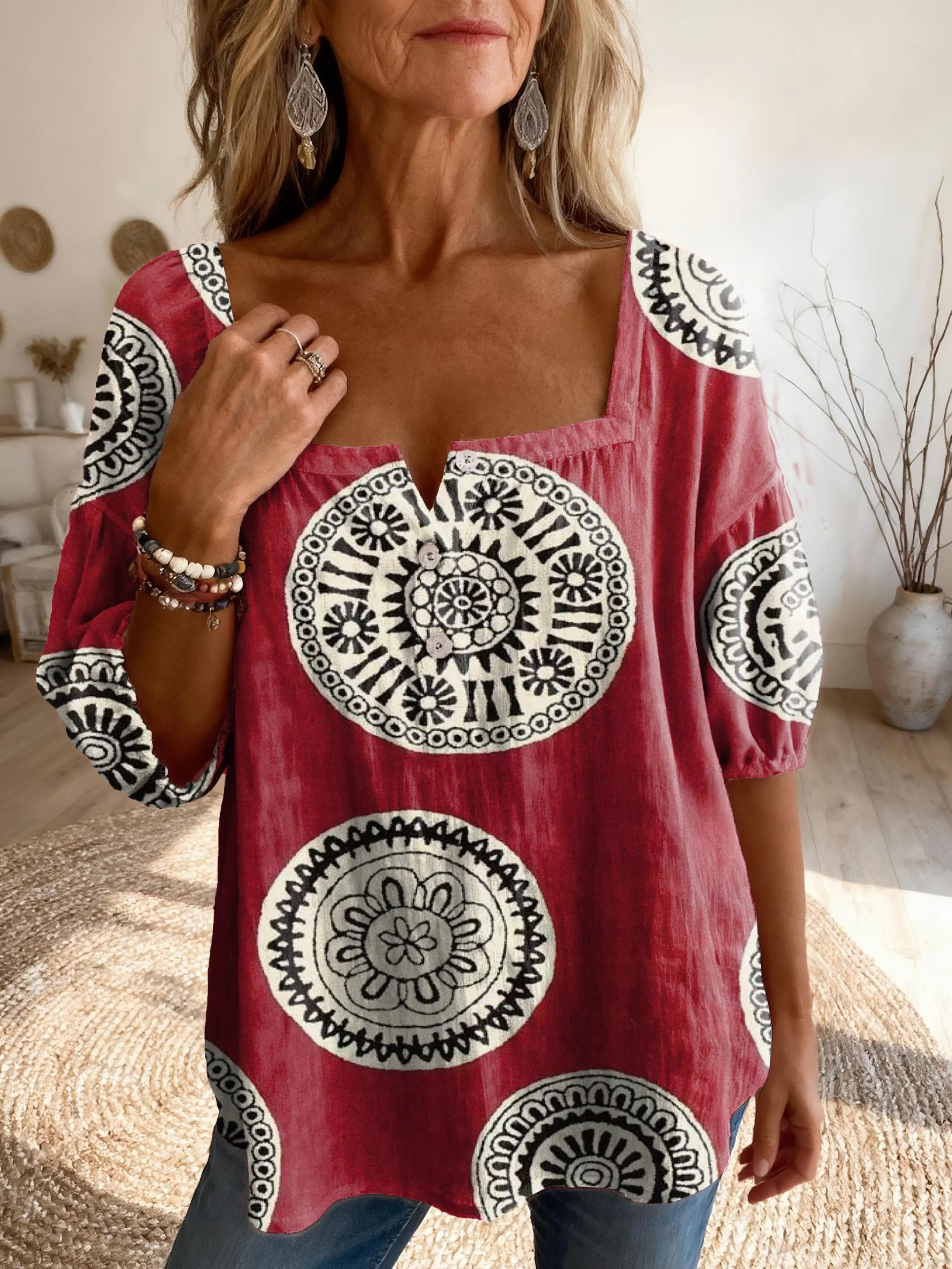 Women's Vintage Ethnic Floral Print Artistic Casual Square Neck Top