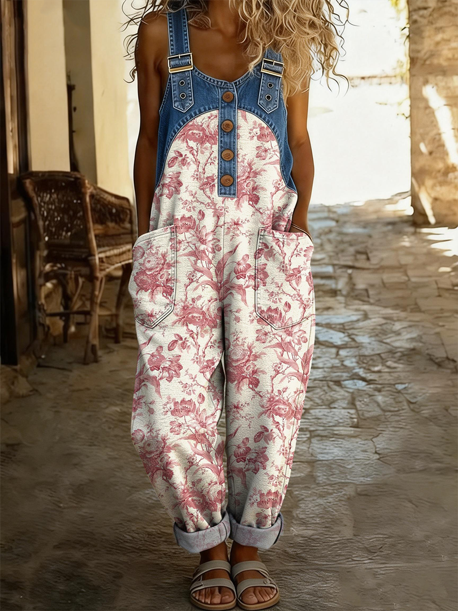 Women's Retro Floral Art Print Casual Denim Patchwork Jumpsuit