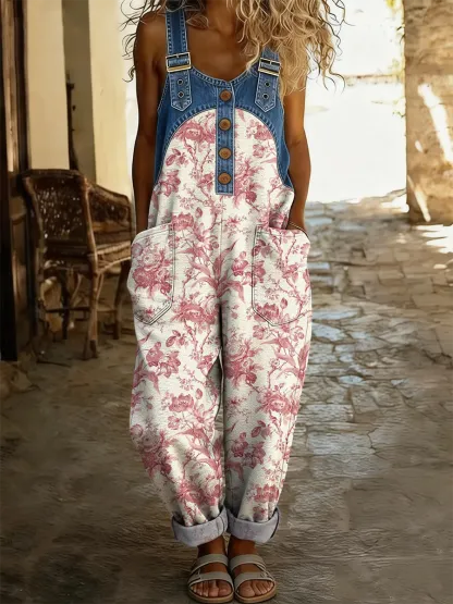 Women's Retro Floral Art Print Casual Denim Patchwork Jumpsuit