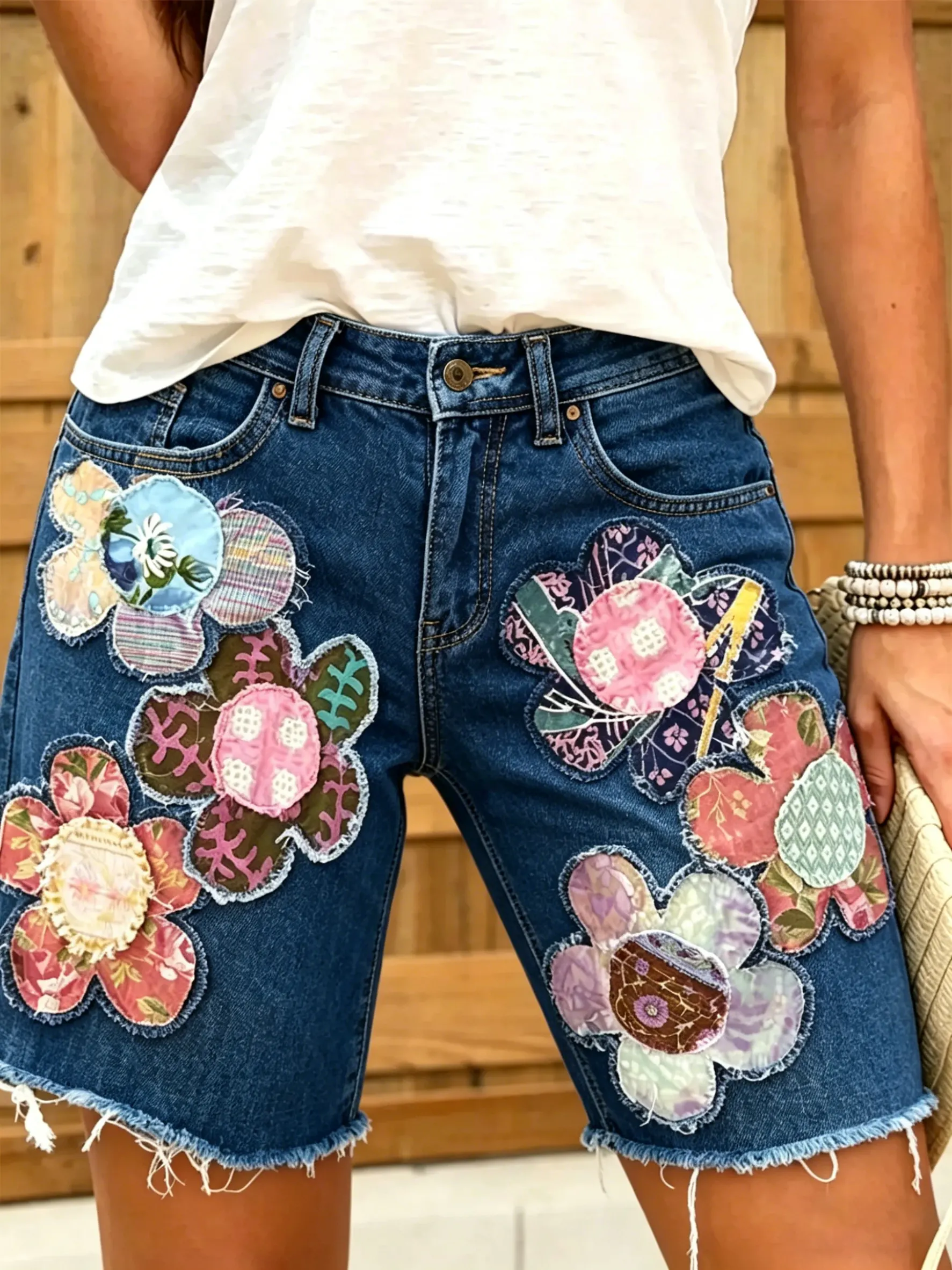 Women's Ethnic Floral Print Denim Shorts