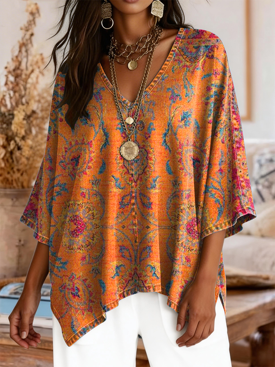 Women's Retro Ethnic Art Print Casual V-neck Washed Cotton Denim Top