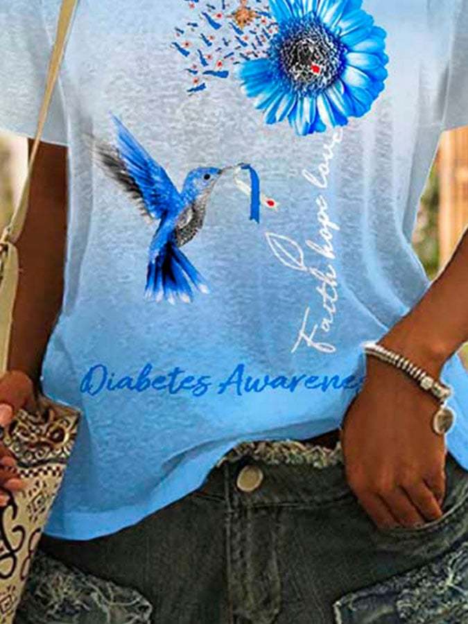Diabetes Awareness Hummingbird Sunflower Faith Hope Love Print T-Shirt