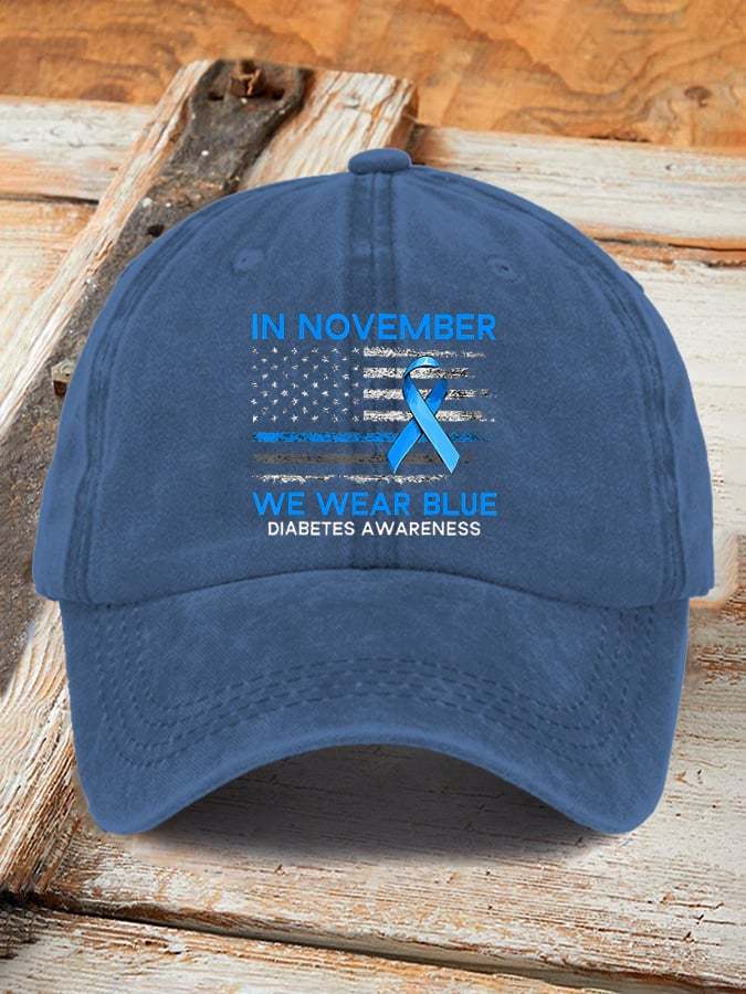 Unisex Distressed Washed Cotton "Diabetes Awareness American Flag Blue Ribbon" Printed Hat