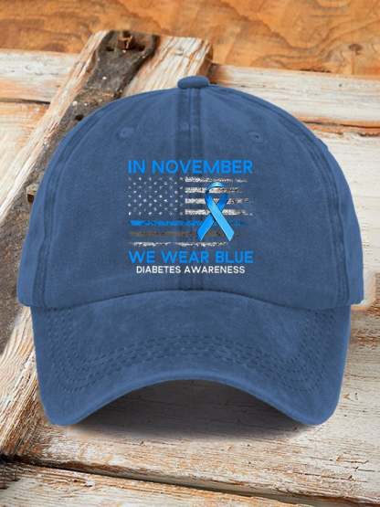 Unisex Distressed Washed Cotton "Diabetes Awareness American Flag Blue Ribbon" Printed Hat