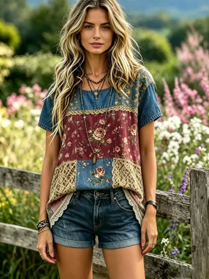 Women's Rose Floral Patchwork Print Short Sleeve Top