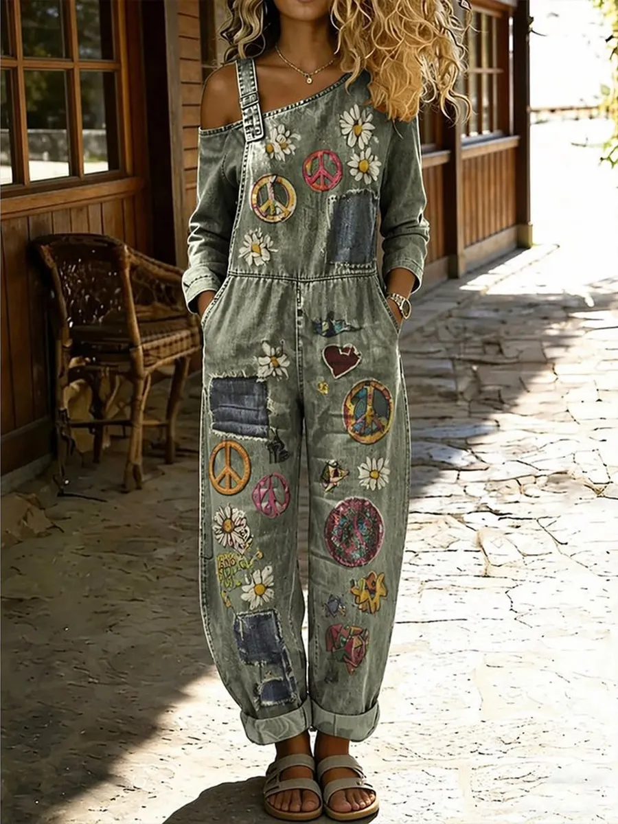 Women's Peace Sign & Daisy Patchwork Print Off-Shoulder Denim Jumpsuit