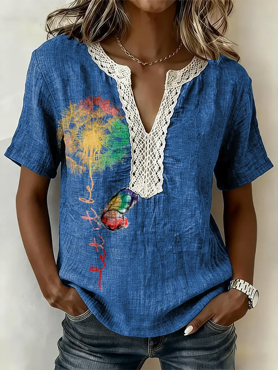 Women's Dandelion Let It Be Print Short-Sleeve Lace-Trimmed V-Neck Shirt