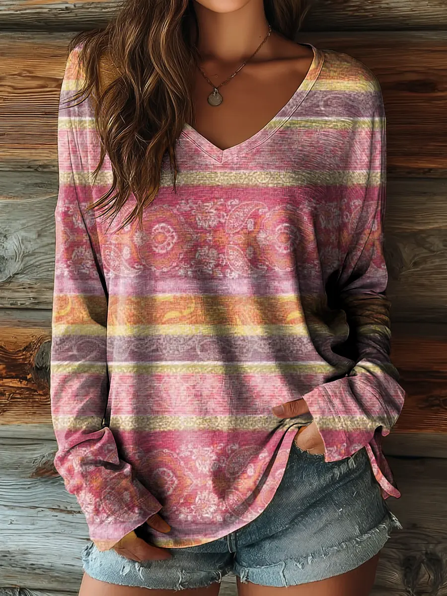 Women's Retro Striped Floral Art Print Casual V-neck Long-sleeve T-shirt