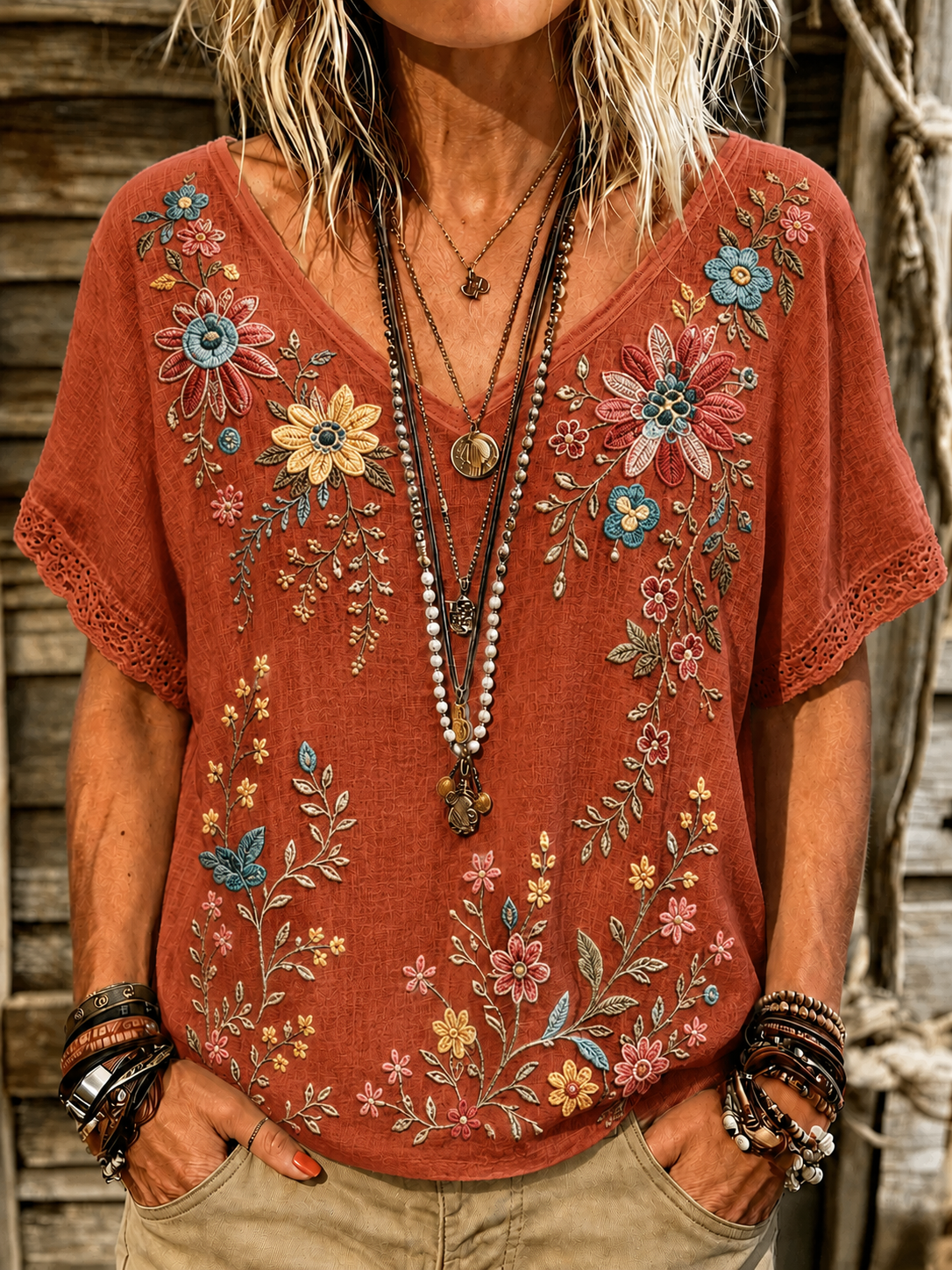 Retro Boho Forlal Print V-Neck Blouse