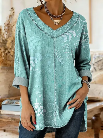 Women's Floral Art Print Casual Washed Denim Cotton Top