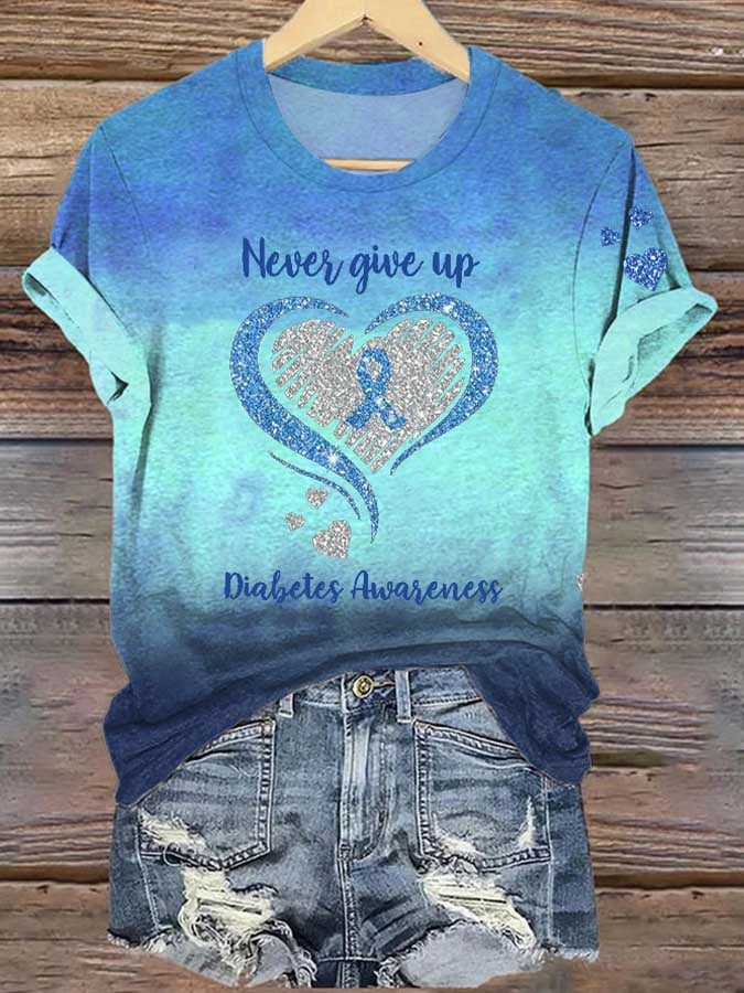 Women's Diabetes Awareness Never Give Up Print Shirt