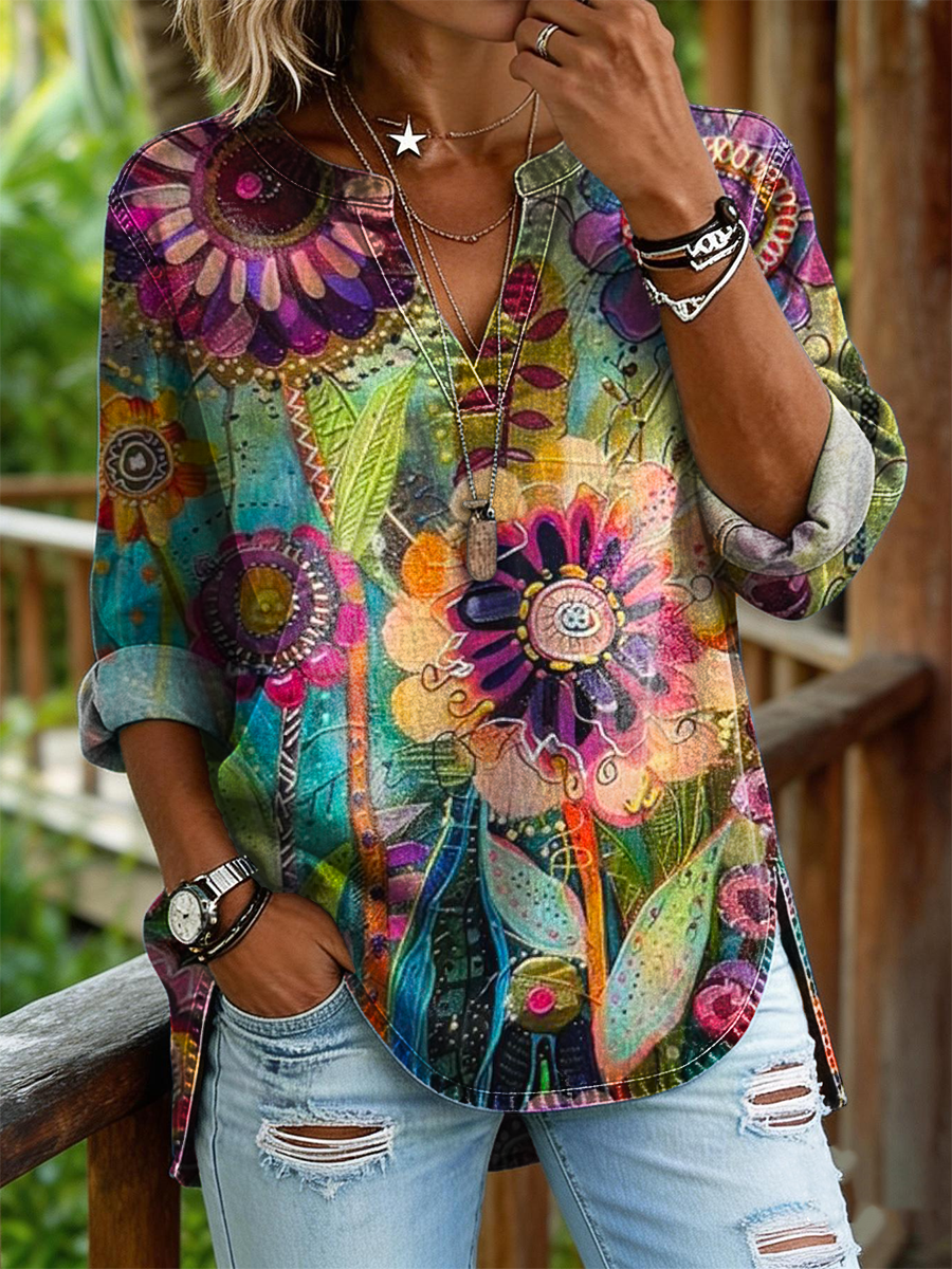 Women's Colorful Floral Art Print Casual Long-sleeved Shirt