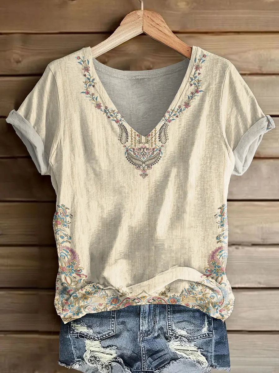 Women's Vintage Floral Pattern Art Print V-neck Short Sleeve