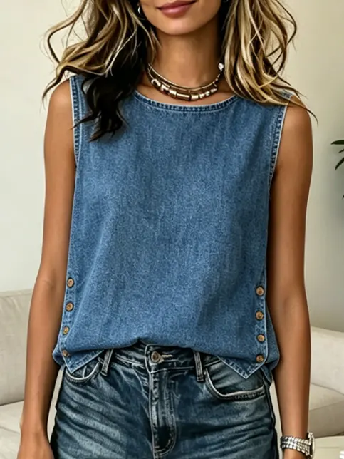 Women's Denim Casual Button-down Tank Top
