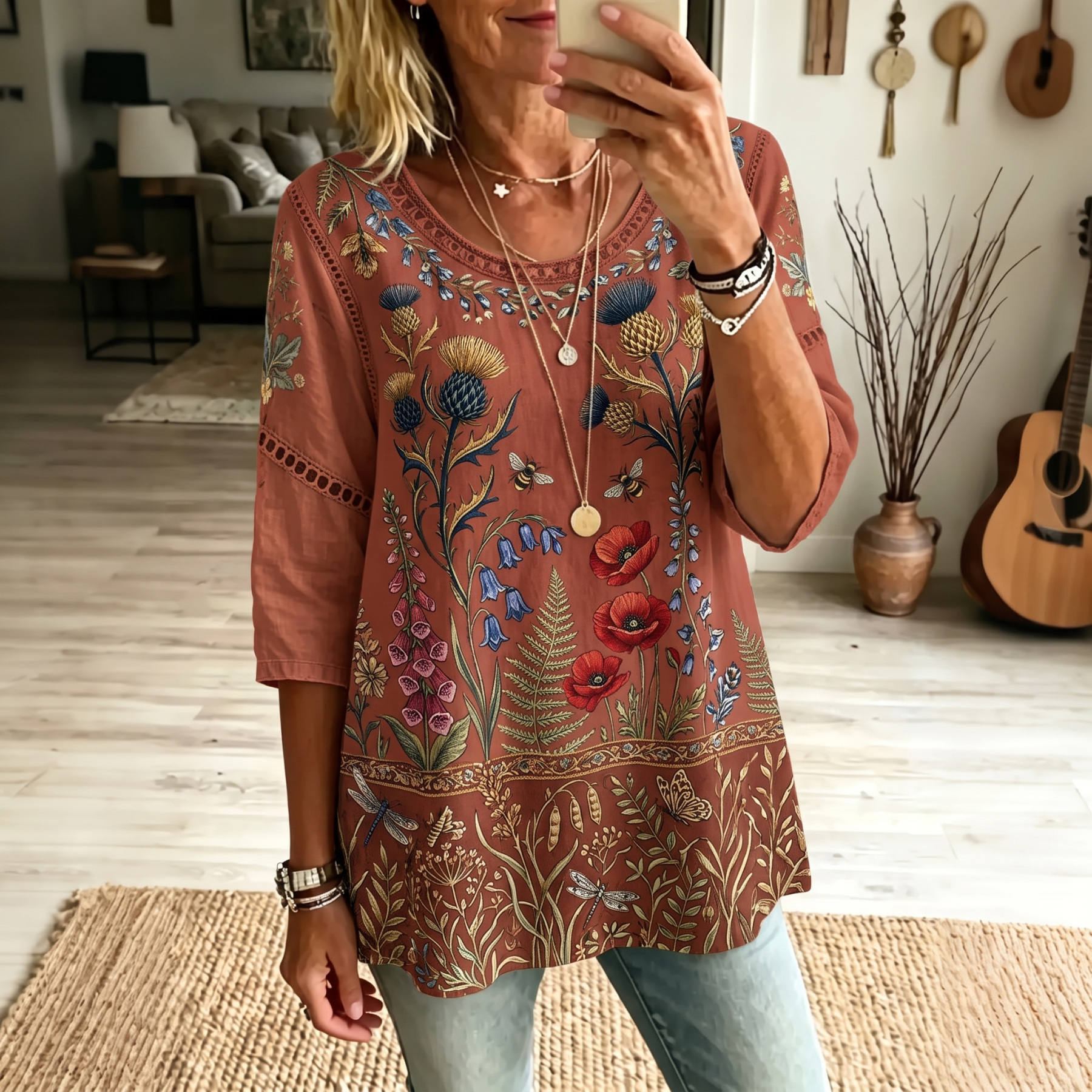 Retro Boho Forlal Print Blouse