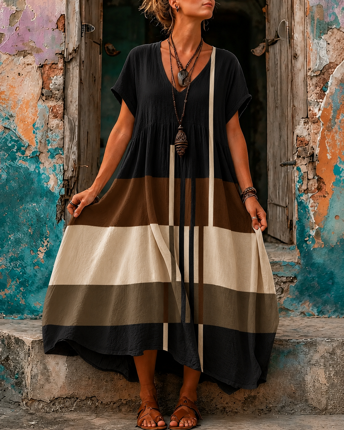 Casual Vacation Retro Geometric Print Maxi Dress