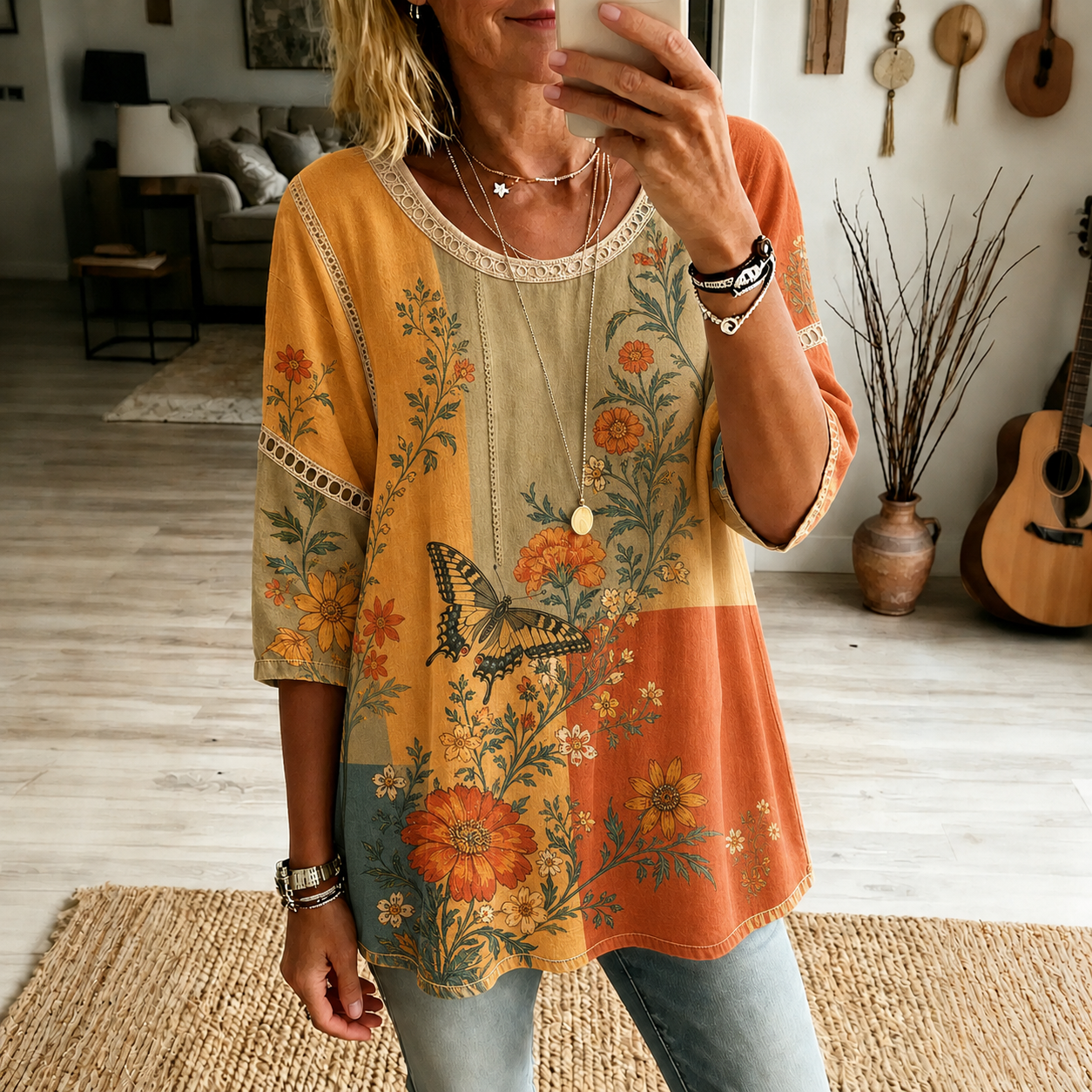 Retro Boho Forlal Patchwork Pattern Print Blouse