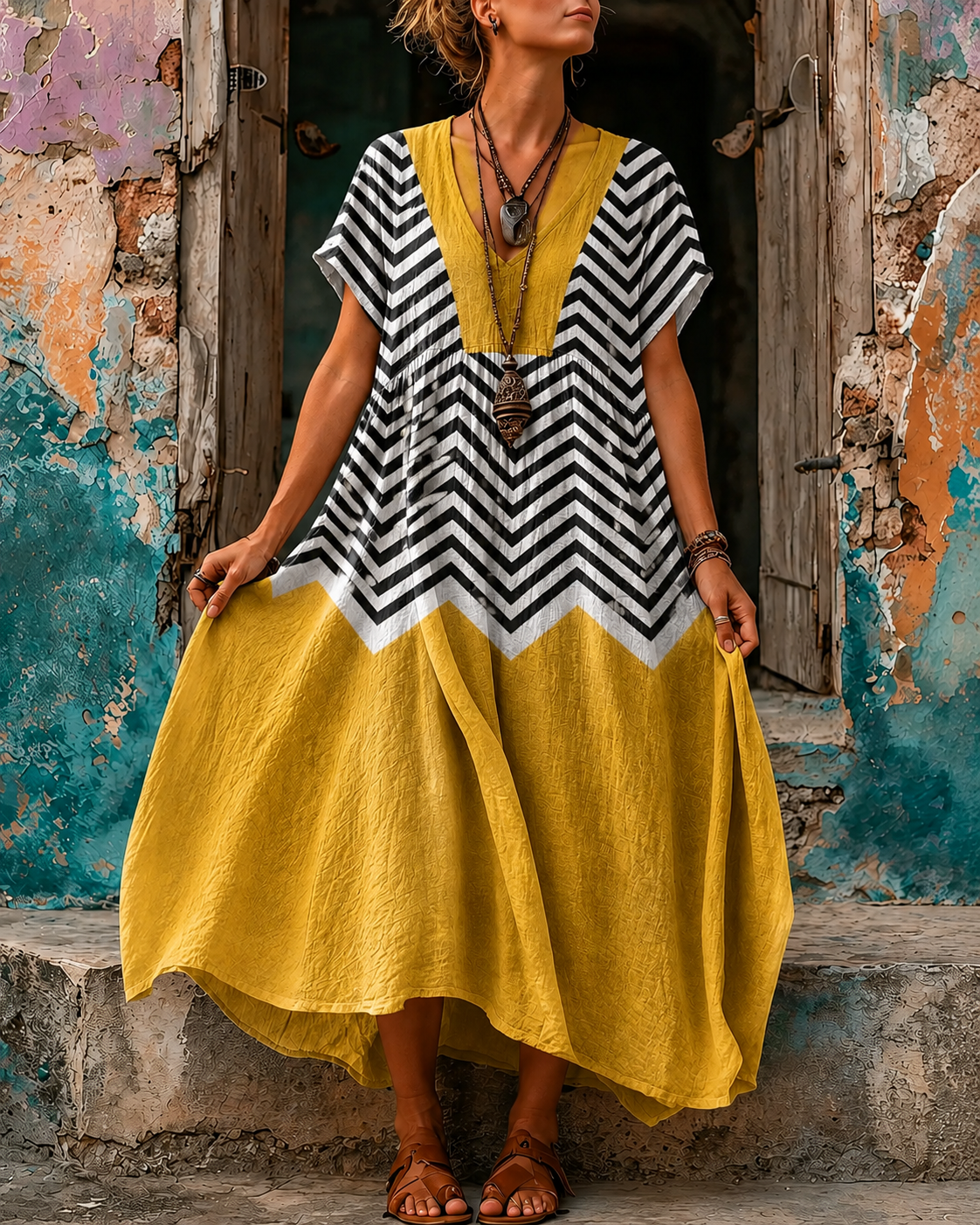 Casual Vacation Retro Geometric Print Maxi Dress