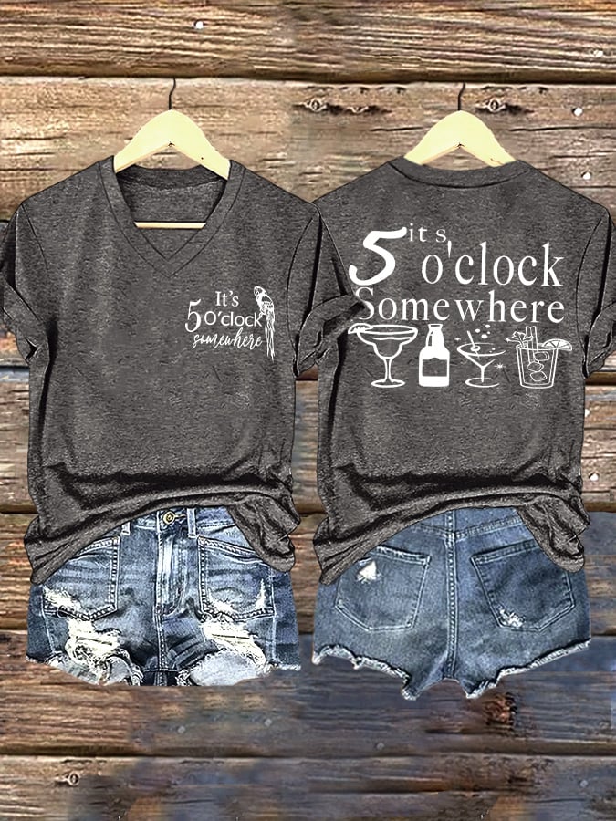 V Neck Retro 5 O'clock Print T-Shirt