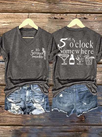 V Neck Retro 5 O'clock Print T-Shirt