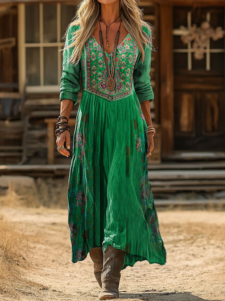 Women's Vintage Ethnic Floral Print Artistic Pocket Cotton Dress