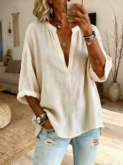Women's Casual V-Neck Cotton-Linen Shirt