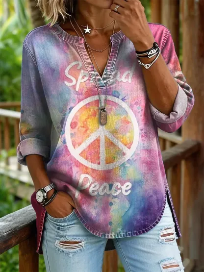 Women's Peace Hippie Print Casual V-neck Washed Cotton Denim Shirt