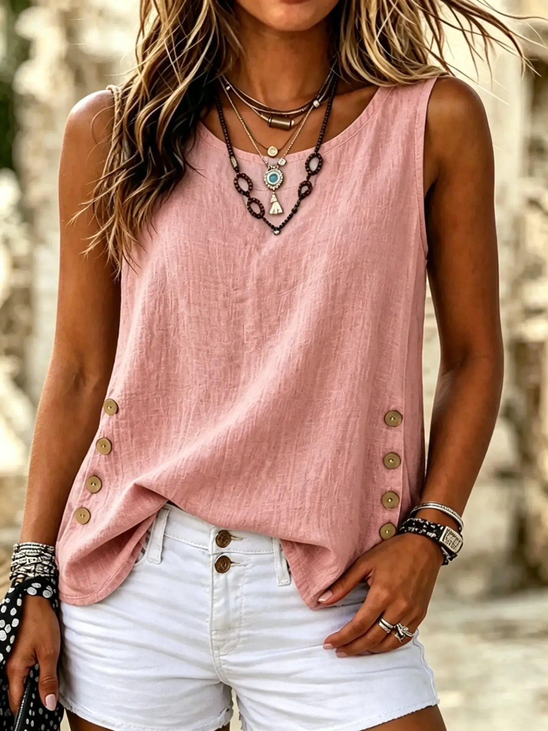 Women's Solid Cotton Side Button Sleeveless Tank Top