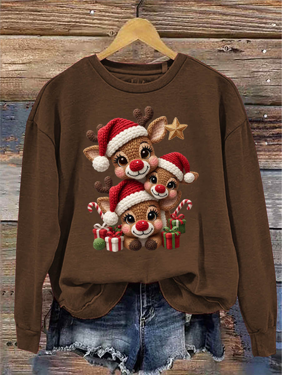 Women's Christmas Elks 3D Knitting Crochet Pattern Neck Sweatshirt