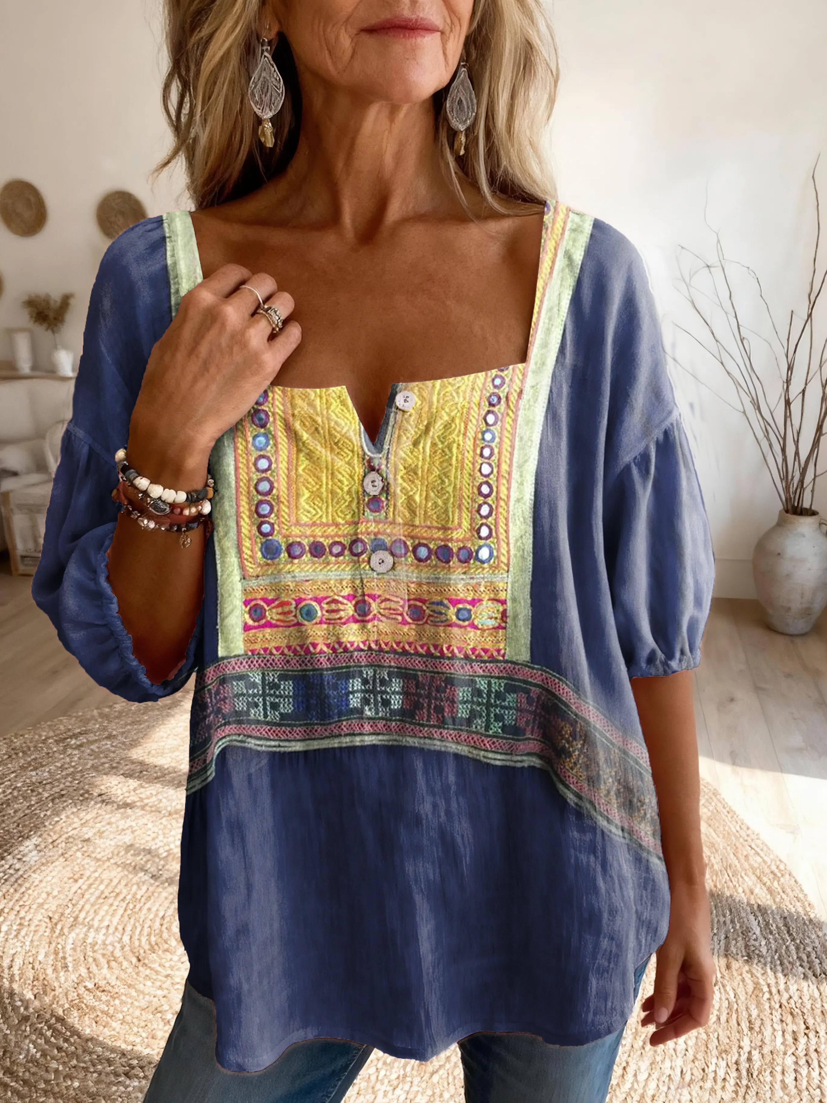 Women's Retro Totem Floral Art Print Casual Square Neck Top