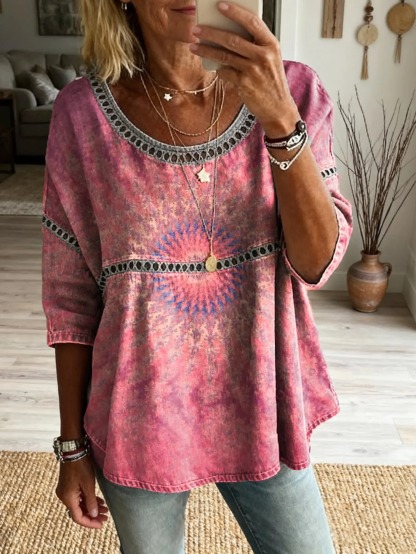 Women's Bohemian Vintage Floral Art Print Casual Round Neck Cutout Top