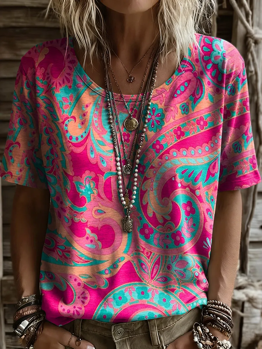 Women's Colorful Bohemian Art Print Casual Short-sleeve Crew Neck Cotton T-shirt