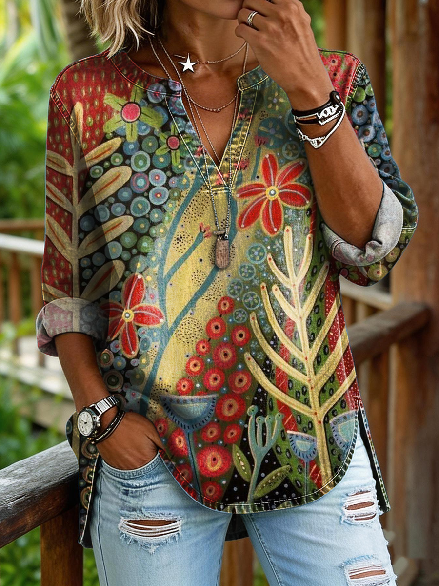 Women's Retro Colorful Floral Art Print Casual Long-sleeved Shirt