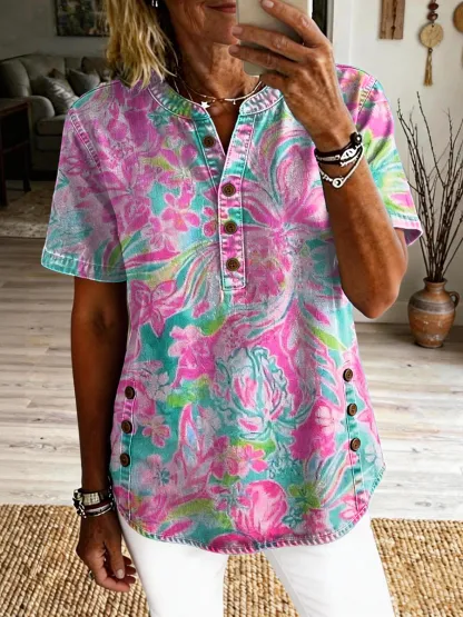 Women's Colorful Floral Art Print Casual Short-sleeve denim Shirt