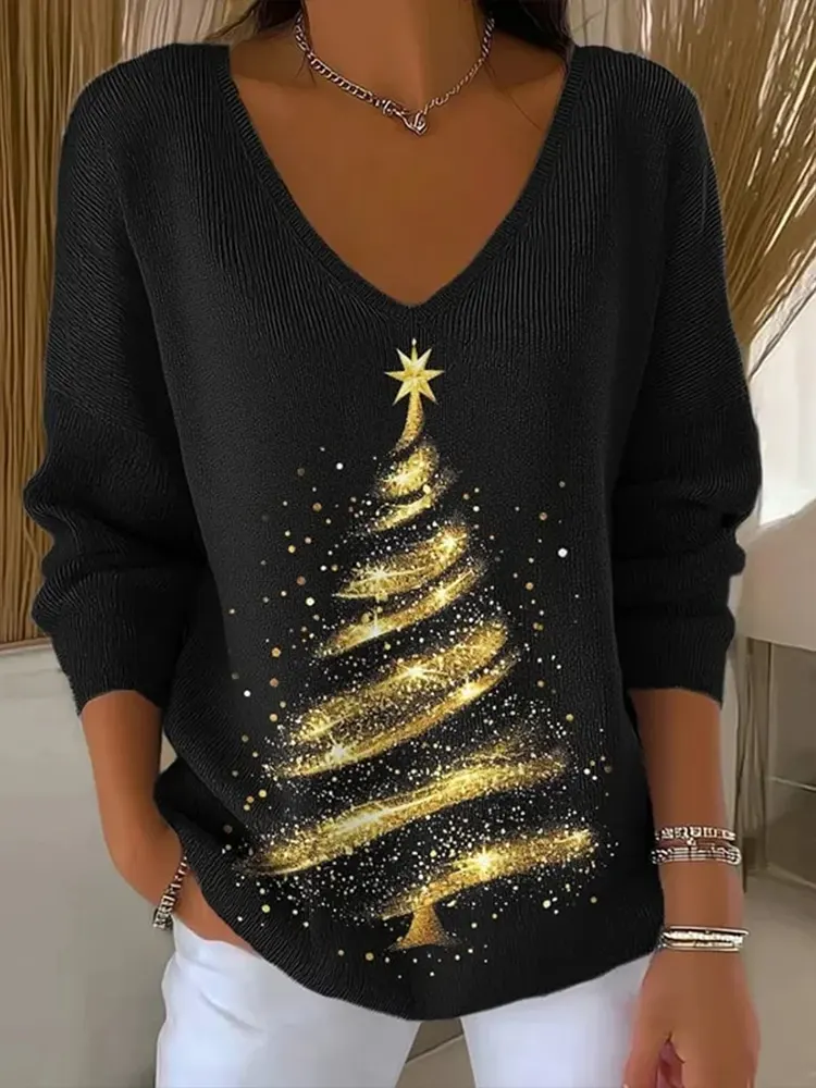 Women 's Christmas Tree Print V Neck Sweater