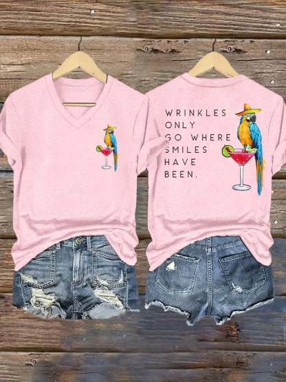 V Neck Retro Wrinkles Only Go Where Smiles Have Been Print T-Shirt