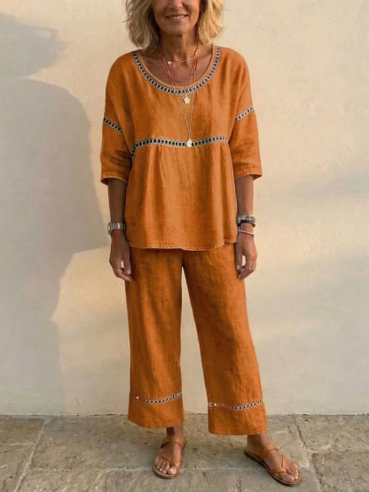 Women's Vintage Eyelet Casual Loose-Fit Linen Linen Two-Piece Set