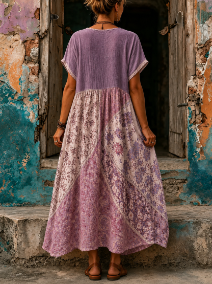 Women's Vacation Linen Floral Print V-Neck Short Sleeve Maxi Dress