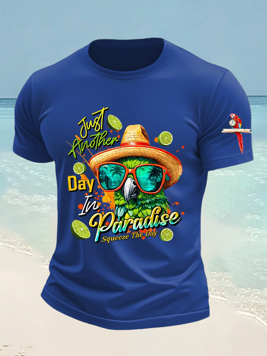 Men's Funny It's 5 O'clock Somewhere Parrot Just Another Day in Paradise Printed Short Sleeve Tee