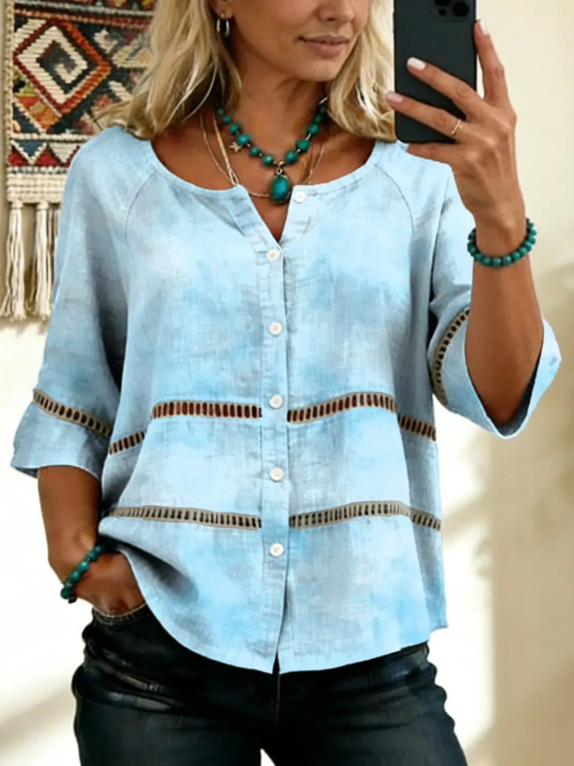 Women's Tie-front Button-up Cotton-linen Blend Short-sleeve Shirt