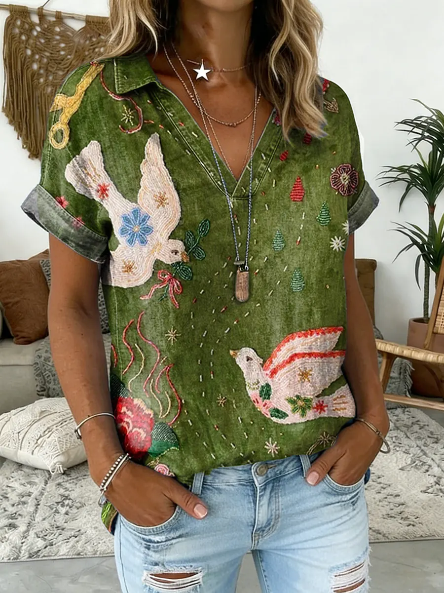 Women's Dove Flower Print V-Neck Short-Sleeve Denim Shirt